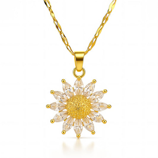 Flower with Cubic Zirconia Pendant Gold Plated Stainless Steel Necklace
