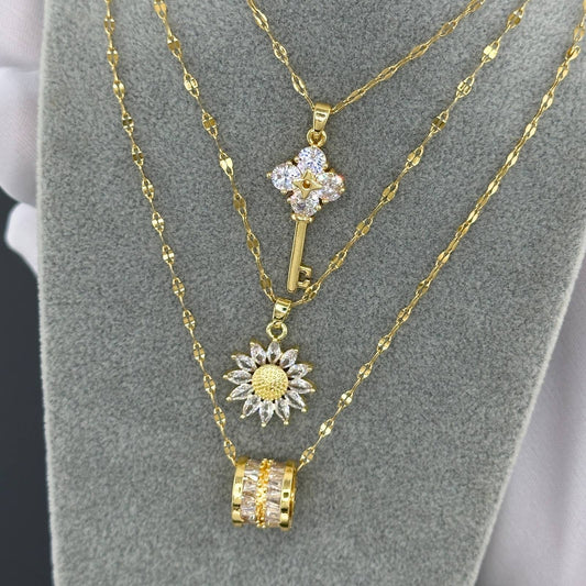 Flower with Cubic Zirconia Pendant Gold Plated Stainless Steel Necklace