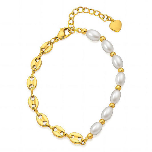 Half Pearl Imitation Gold Plated Stainless Steel Bracelet