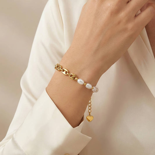 Half Pearl Imitation Gold Plated Stainless Steel Bracelet