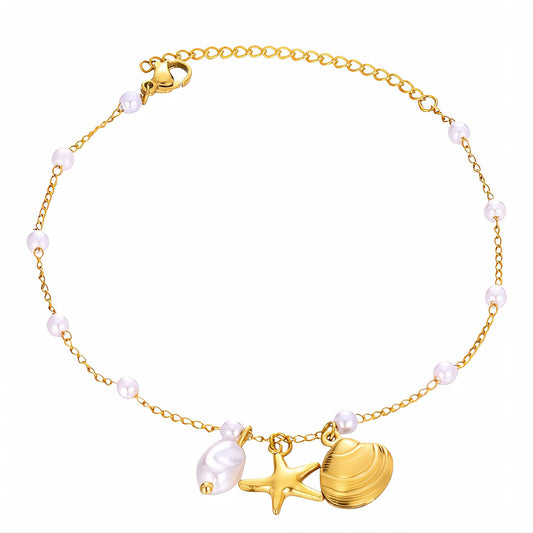 Starfish and Seashell Gold Plated Stainless Steel Anklet
