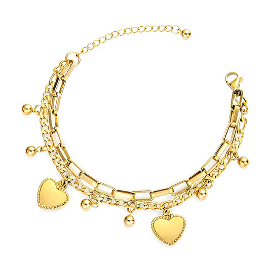 Heart Chained Design Gold Plated Steel Bracelet