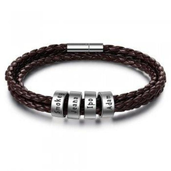 Personalized Men’s Braided Leather Bracelet with Custom Engraved Name Beads | Gift for Husband, Dad, or Boyfriend
