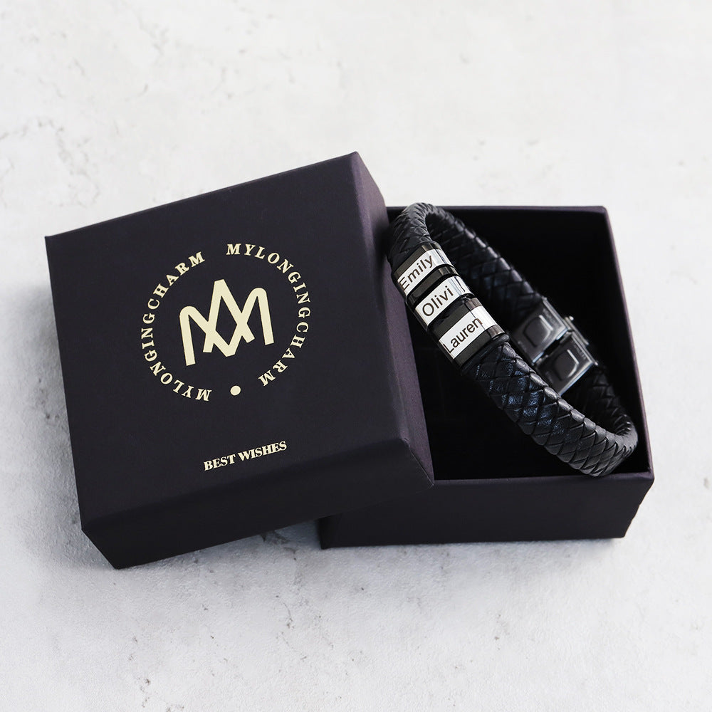 Personalized Men’s Leather Bracelet with Custom Engraved Names | Black Woven Stainless Steel Gift