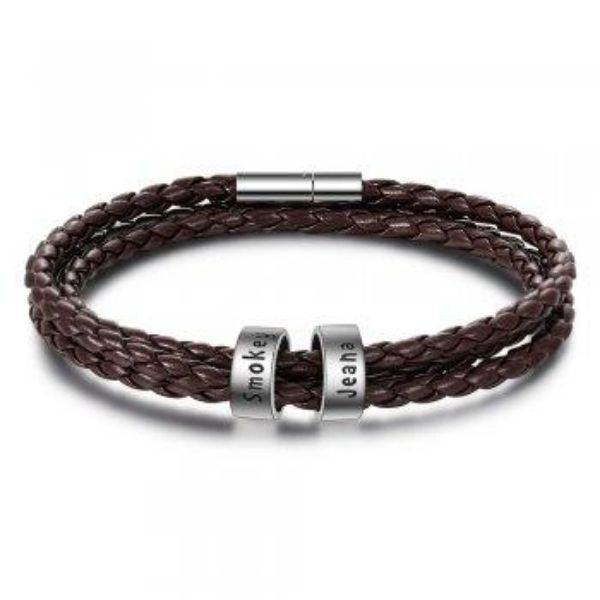 Personalized Men’s Braided Leather Bracelet with Custom Engraved Name Beads | Gift for Husband, Dad, or Boyfriend