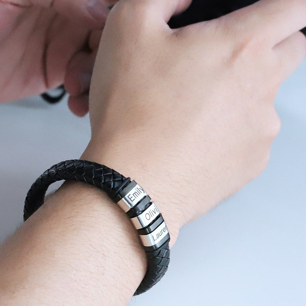 Personalized Men’s Leather Bracelet with Custom Engraved Names | Black Woven Stainless Steel Gift