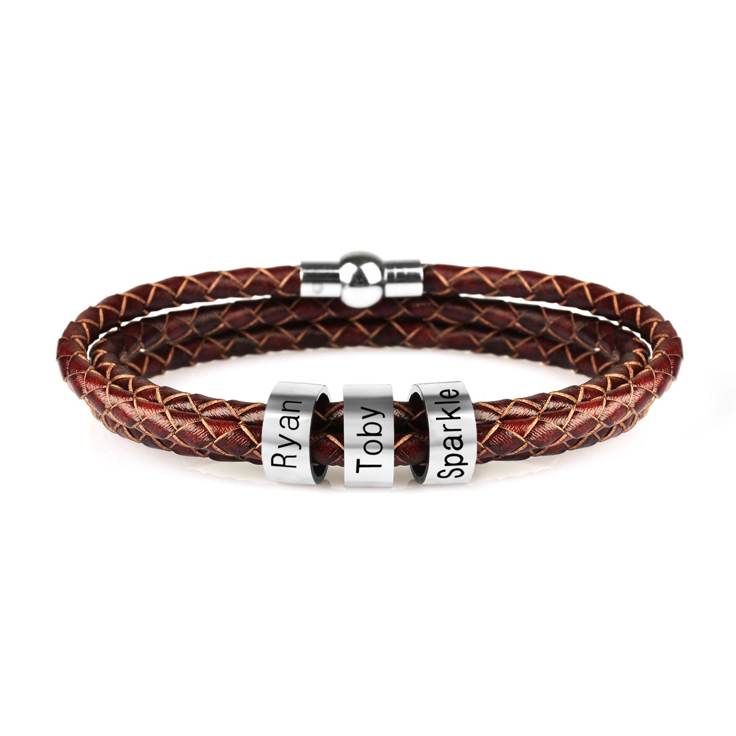 Personalized Men’s Braided Leather Bracelet with Custom Engraved Name Beads | Gift for Husband, Dad, or Boyfriend