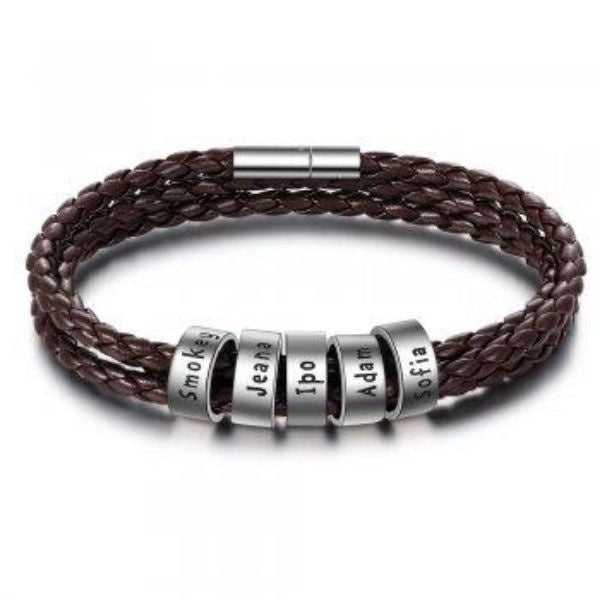 Personalized Men’s Braided Leather Bracelet with Custom Engraved Name Beads | Gift for Husband, Dad, or Boyfriend
