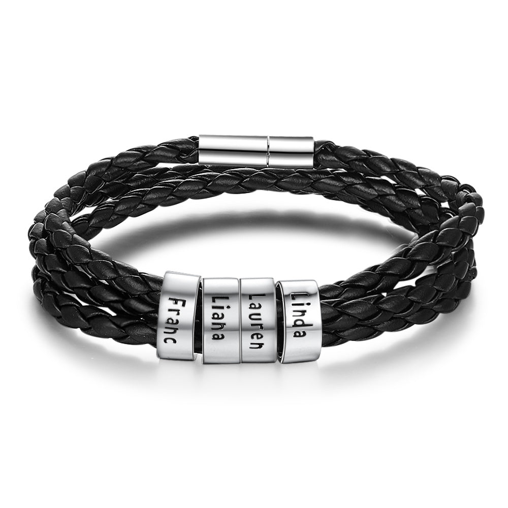 Personalized Men’s Braided Leather Bracelet with Custom Engraved Name Beads | Gift for Husband, Dad, or Boyfriend