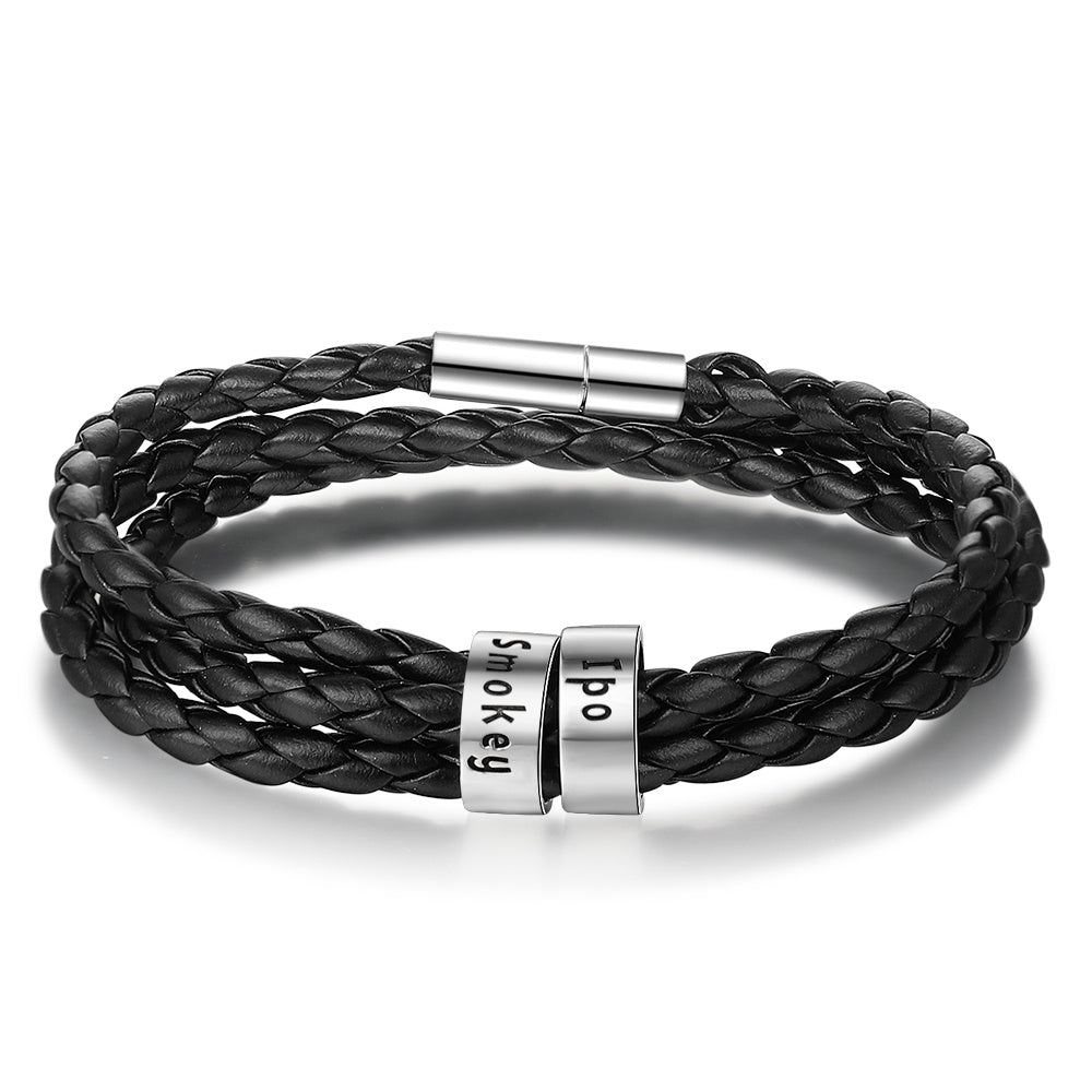 Personalized Men’s Braided Leather Bracelet with Custom Engraved Name Beads | Gift for Husband, Dad, or Boyfriend