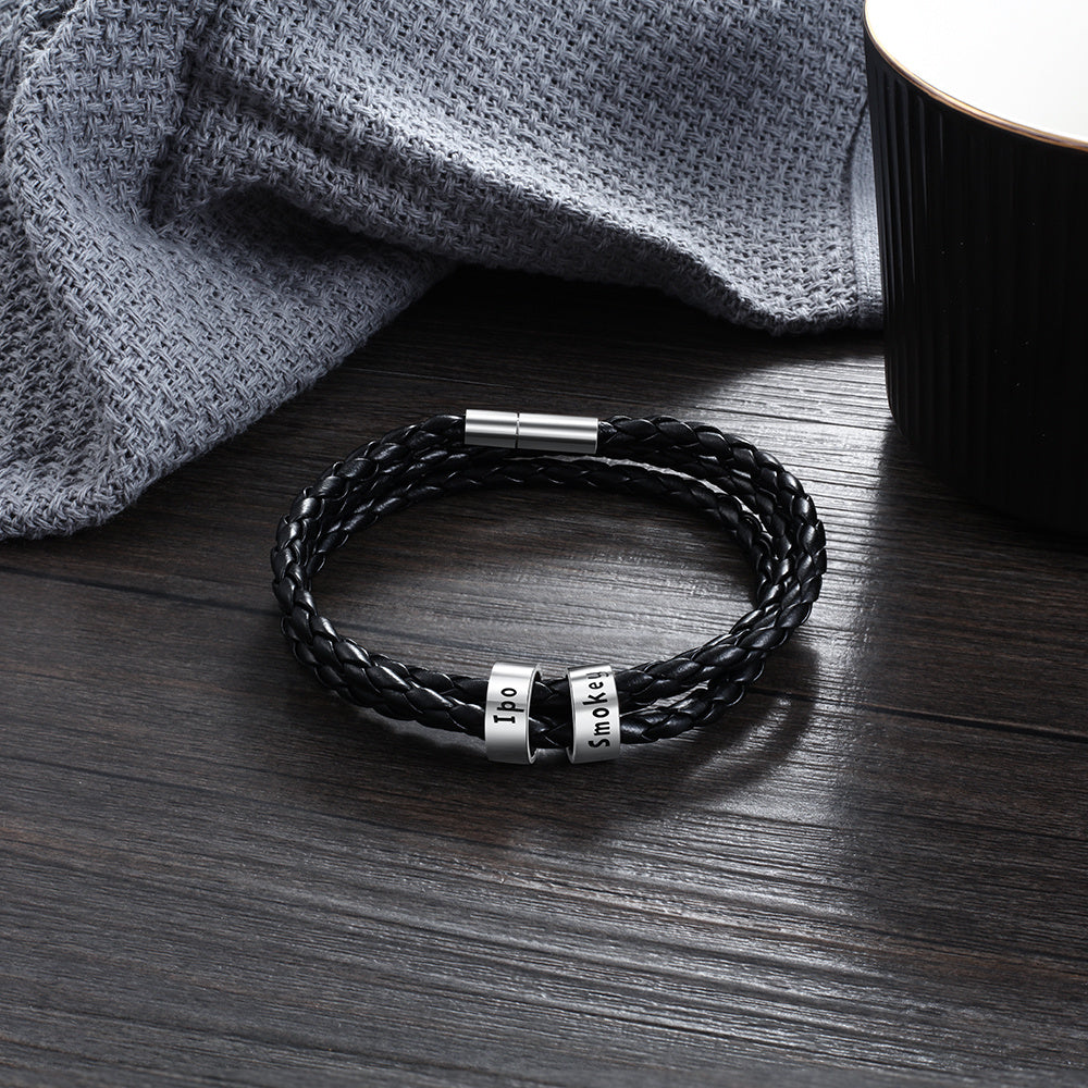 Personalized Men’s Braided Leather Bracelet with Custom Engraved Name Beads | Gift for Husband, Dad, or Boyfriend