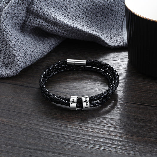 Personalized Men’s Braided Leather Bracelet with Custom Engraved Name Beads | Gift for Husband, Dad, or Boyfriend