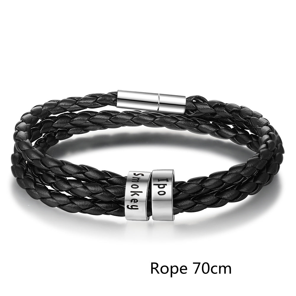 Personalized Men’s Braided Leather Bracelet with Custom Engraved Name Beads | Gift for Husband, Dad, or Boyfriend
