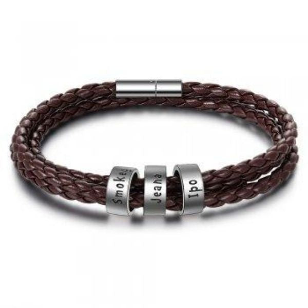Personalized Men’s Braided Leather Bracelet with Custom Engraved Name Beads | Gift for Husband, Dad, or Boyfriend