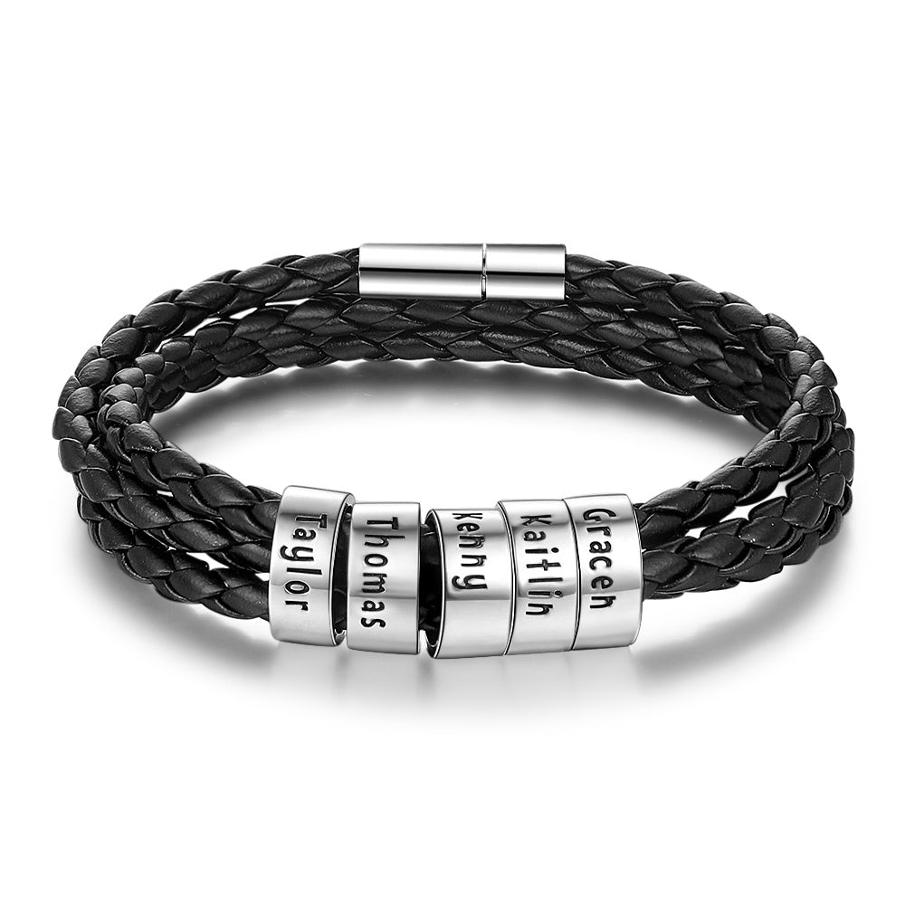 Personalized Men’s Braided Leather Bracelet with Custom Engraved Name Beads | Gift for Husband, Dad, or Boyfriend