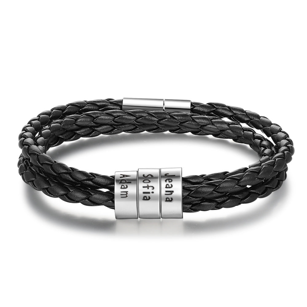 Personalized Men’s Braided Leather Bracelet with Custom Engraved Name Beads | Gift for Husband, Dad, or Boyfriend