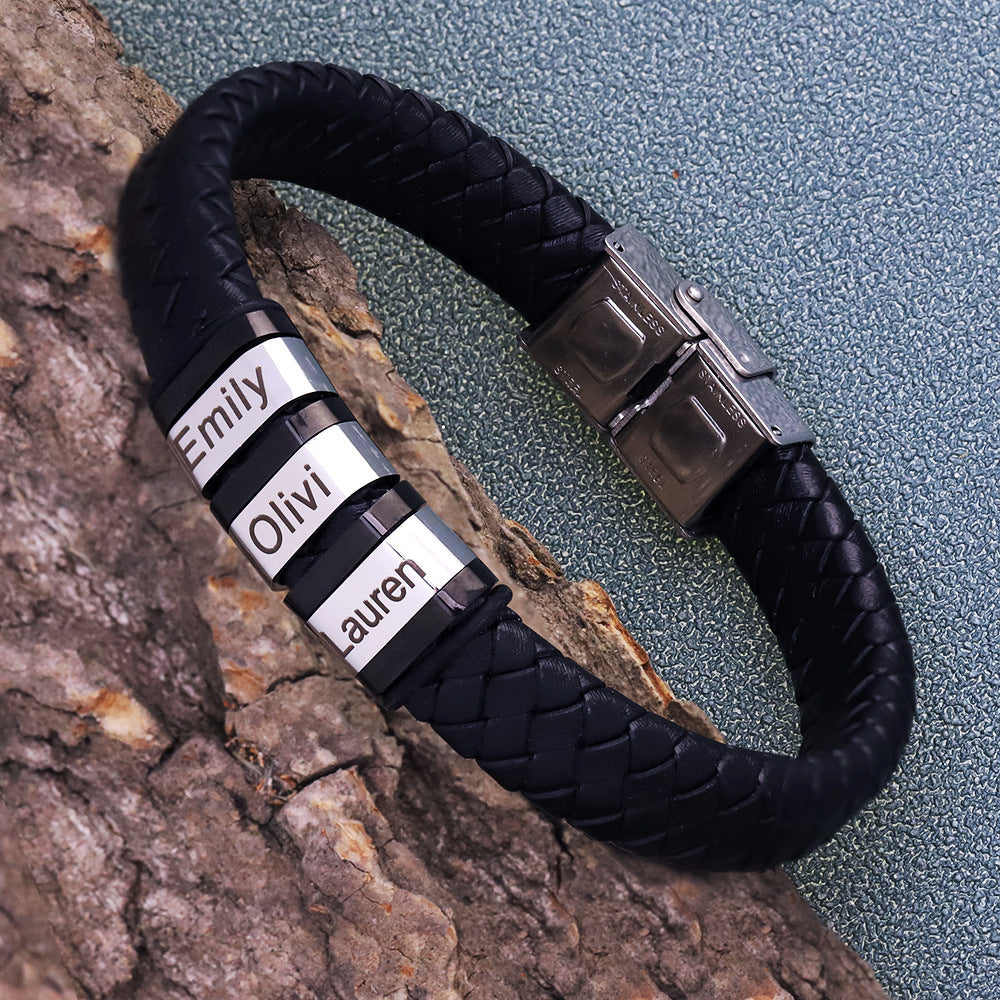 Personalized Men’s Leather Bracelet with Custom Engraved Names | Black Woven Stainless Steel Gift