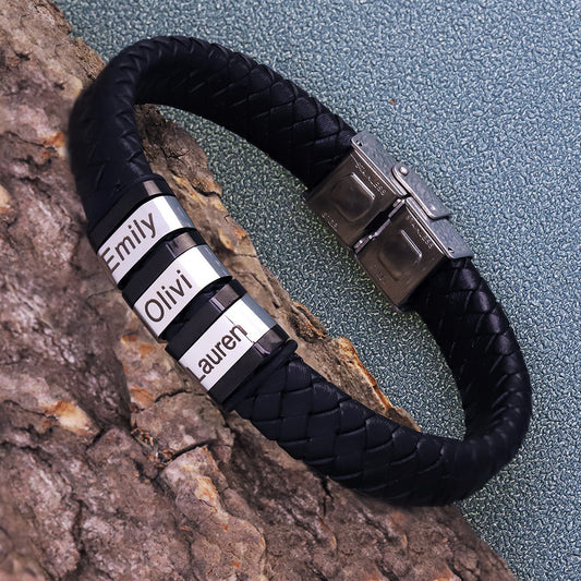 Personalized Men’s Leather Bracelet with Custom Engraved Names | Black Woven Stainless Steel Gift