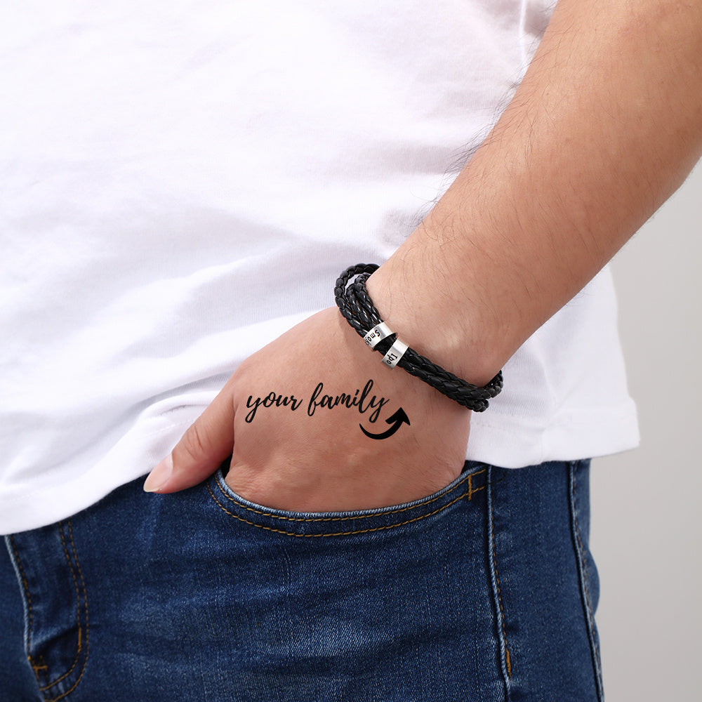 Personalized Men’s Braided Leather Bracelet with Custom Engraved Name Beads | Gift for Husband, Dad, or Boyfriend