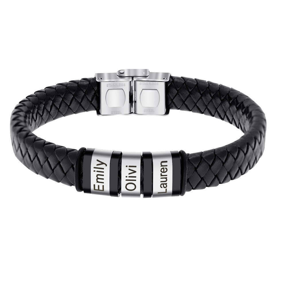 Personalized Men’s Leather Bracelet with Custom Engraved Names | Black Woven Stainless Steel Gift