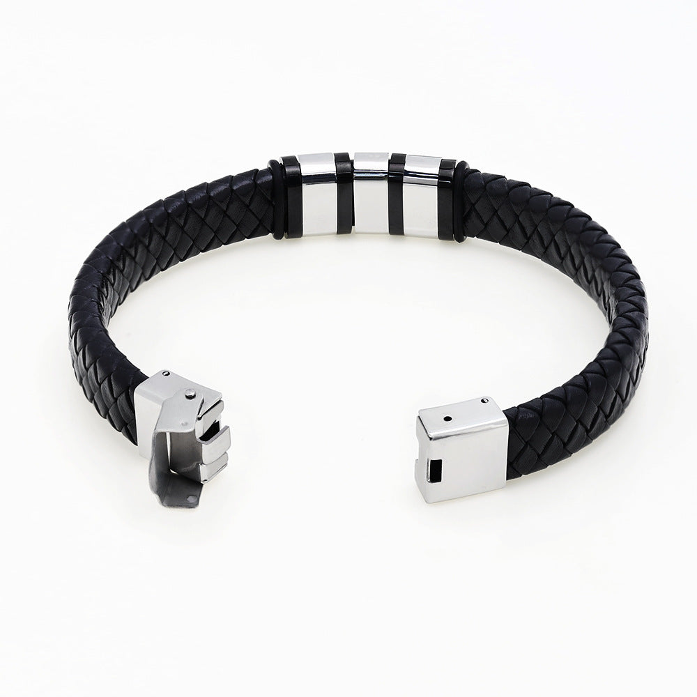 Personalized Men’s Leather Bracelet with Custom Engraved Names | Black Woven Stainless Steel Gift